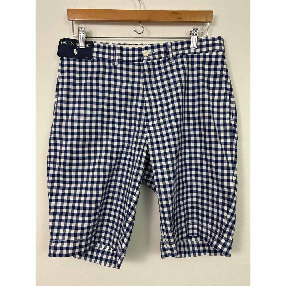 Polo Ralph Lauren Mens Gingham Shorts Navy Blue White Check Cotton Size 33 NEW